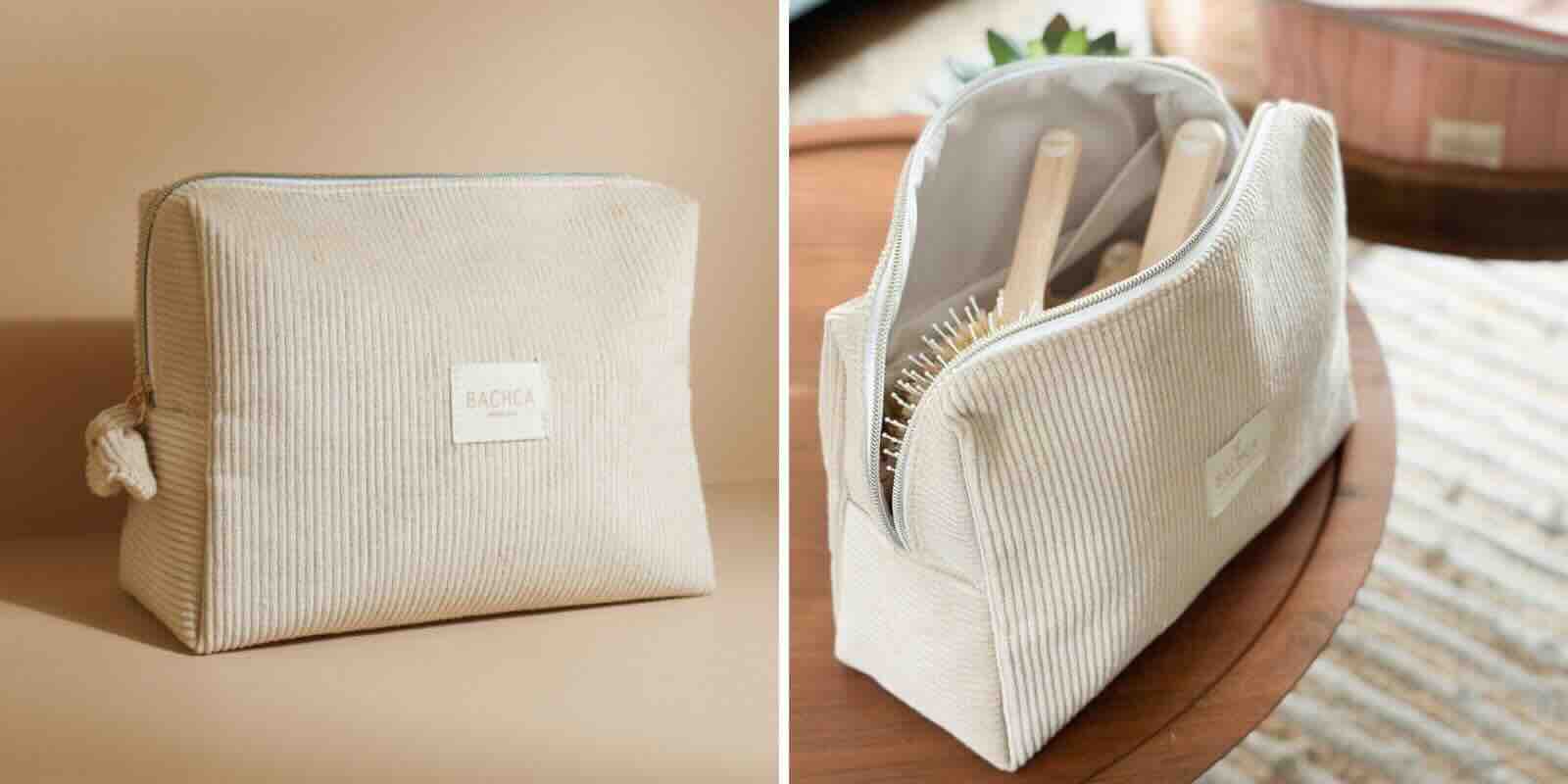 Trousse de toilette en velours beige sable – Bachca Paris, accessoire beauté haut de gamme L’Officina Paris